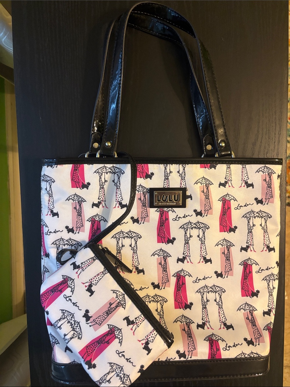 LuLu Guinness bag White, Pink & Black Patterned Tote with Pouch